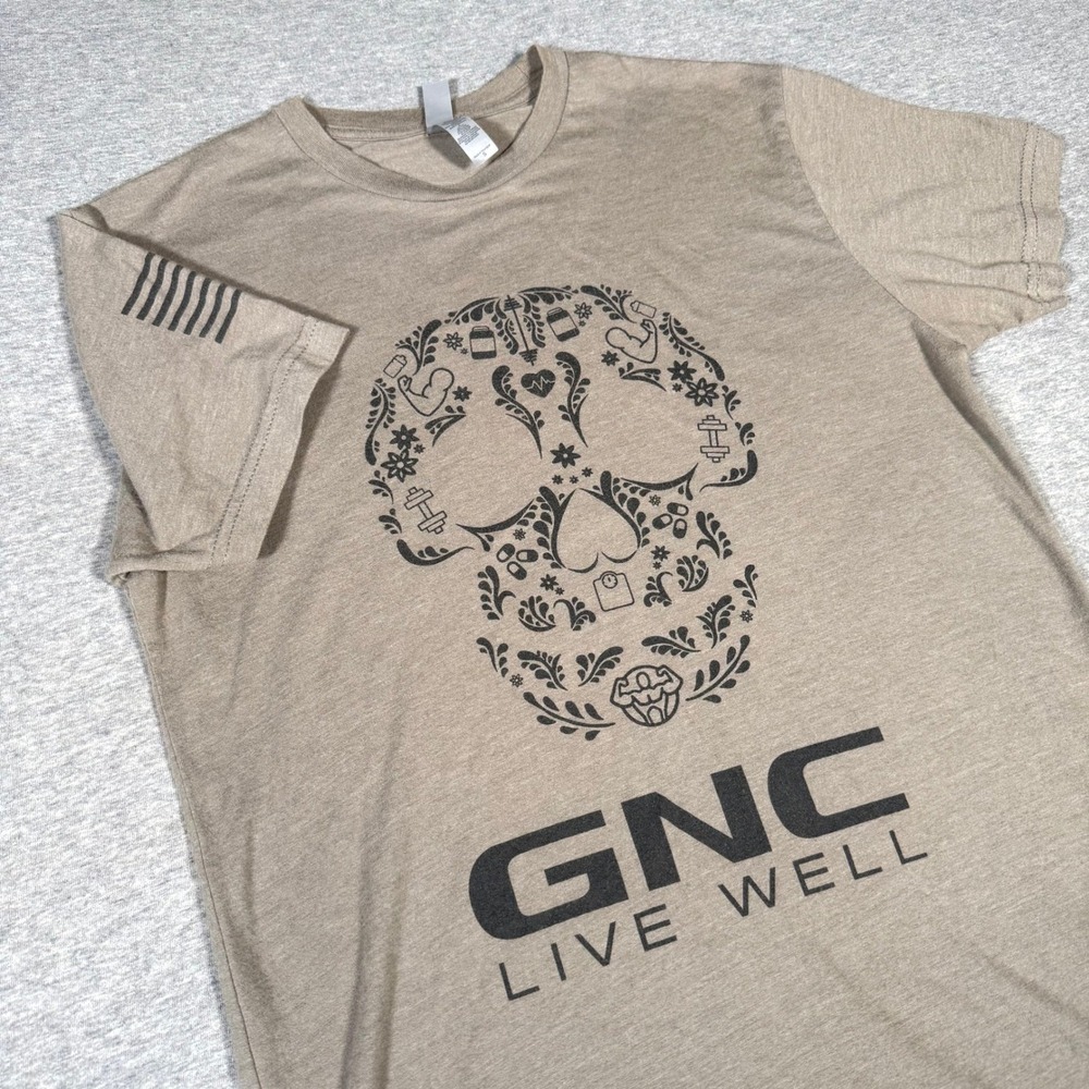 GNC Live Well Sugar Skull Fitness Graphic T-Shirt Mens Small Brown Gym Tee
